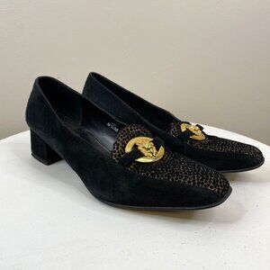 Vintage J Renee Women Suede Block Heels Size 9.5 Black 80s Lion Detail Old Money